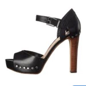 Vince Camuto Macyn 5 inch Black Silver Stud Stacked Wood Heel 7 37